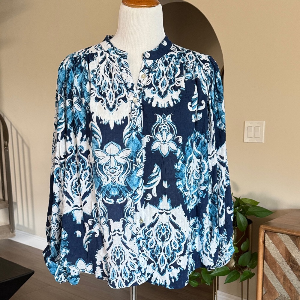 Haute Hippie Blue and White Patterned Blouse